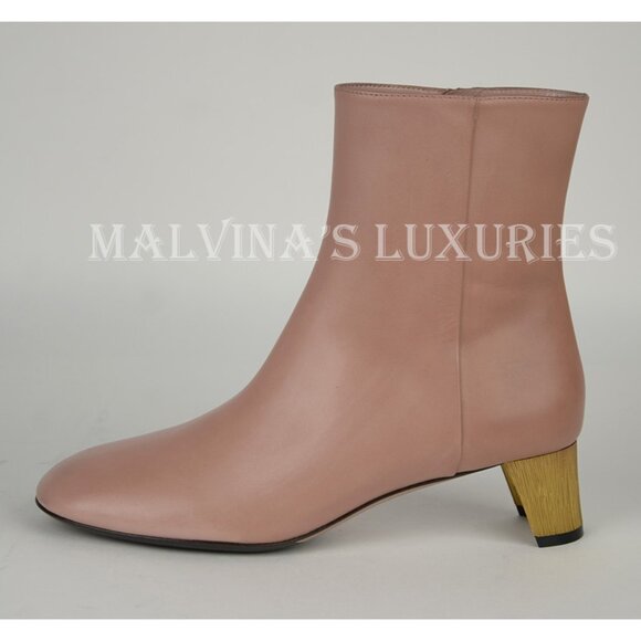 GUCCI BOOTS ANKLE ARIELLE GOLD HALF MOON CRYSTAL HEEL MAUVE LEATHER sz 38 / 8